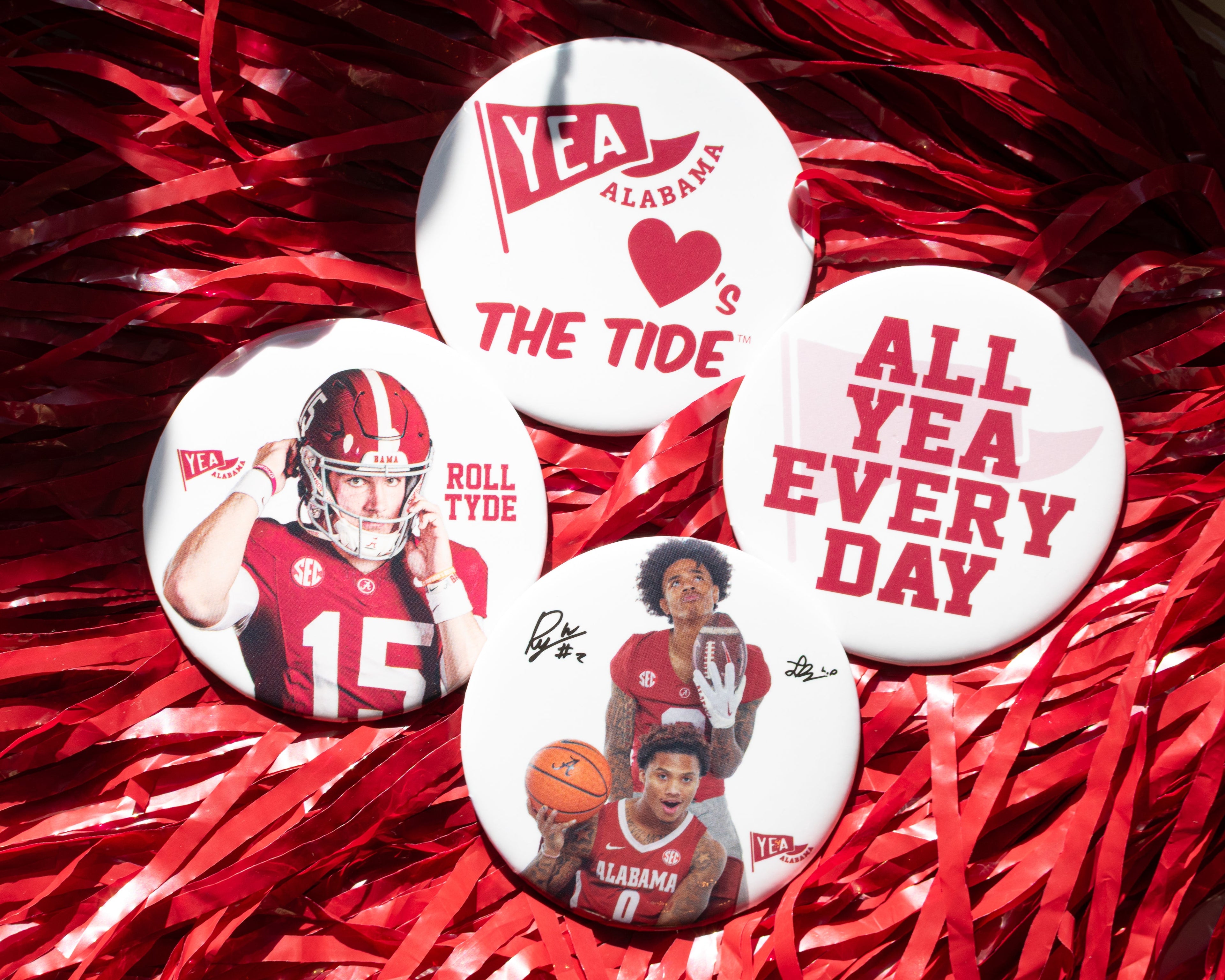 Set of Yea Alabama pins featuring crimson red and white University of Alabama Athletics and SEC designs.