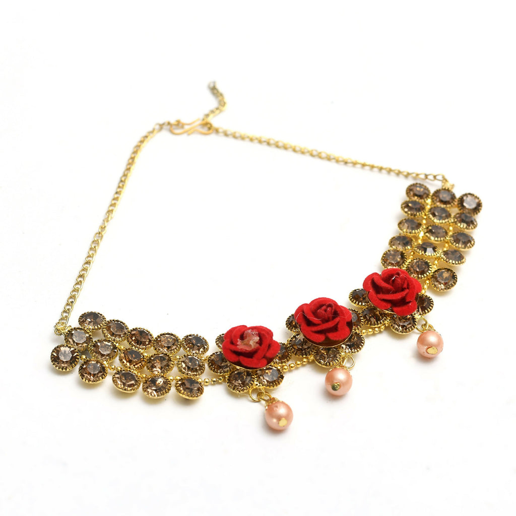 Gold-Polished Brass Stone and Pearl Embellished Choker Necklace