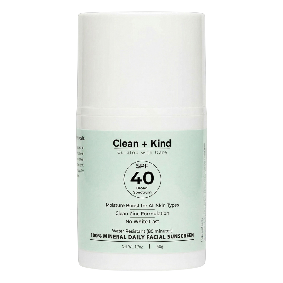 Bottle of Clean + Kind daily mineral facial sunscreen SPF 40, white bottle with light green label.
