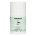 Bottle of Clean + Kind daily mineral facial sunscreen SPF 40, white bottle with light green label.