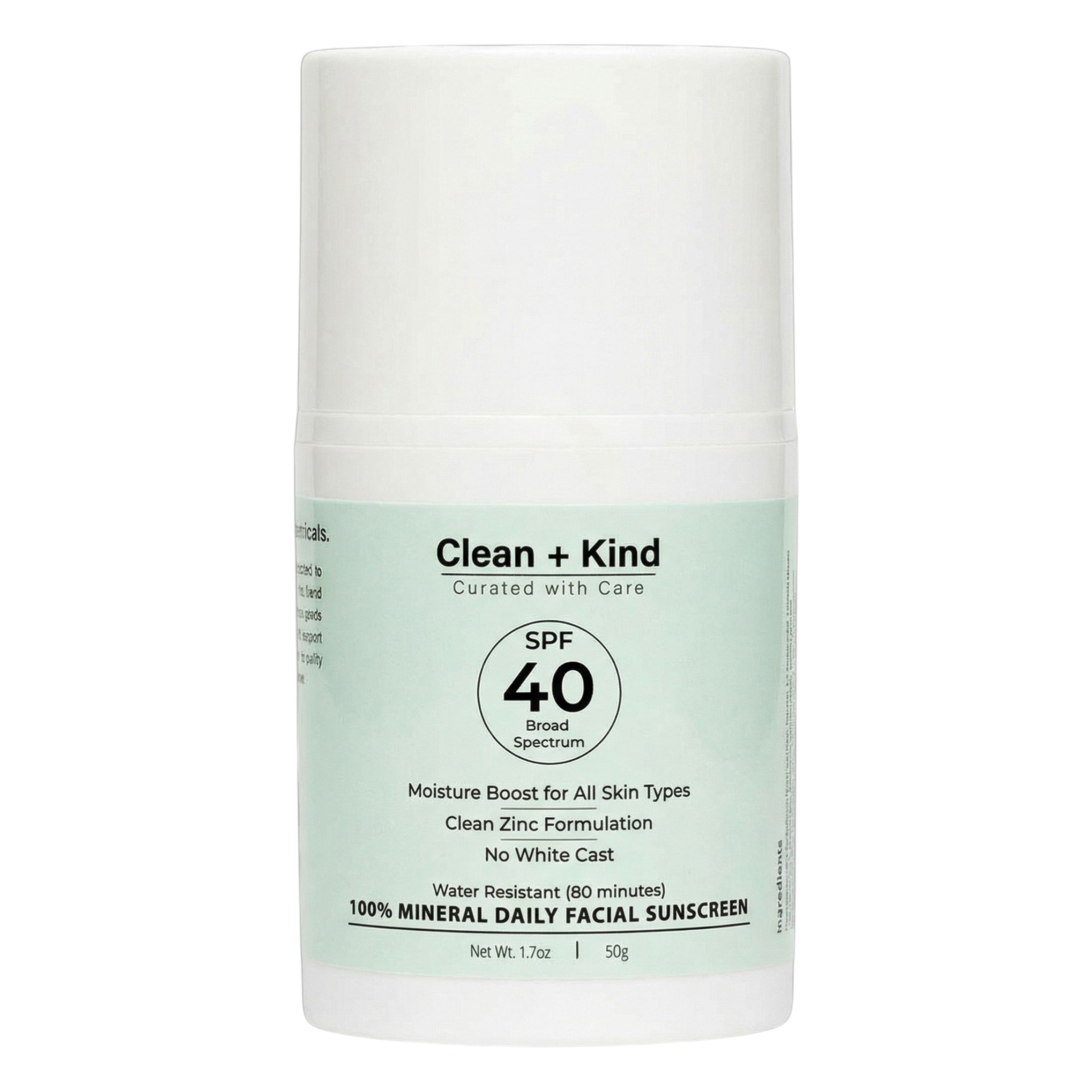 Bottle of Clean + Kind daily mineral facial sunscreen SPF 40, white bottle with light green label.