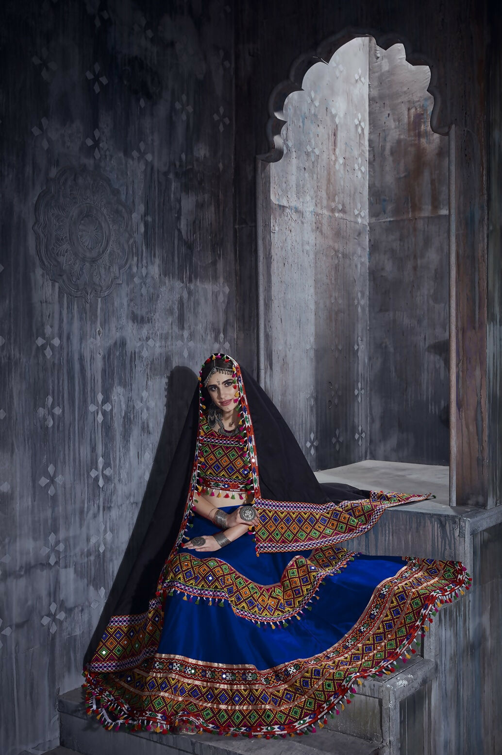 Blue Art Silk Lehenga Choli Set with Black Dupatta for Navratri
