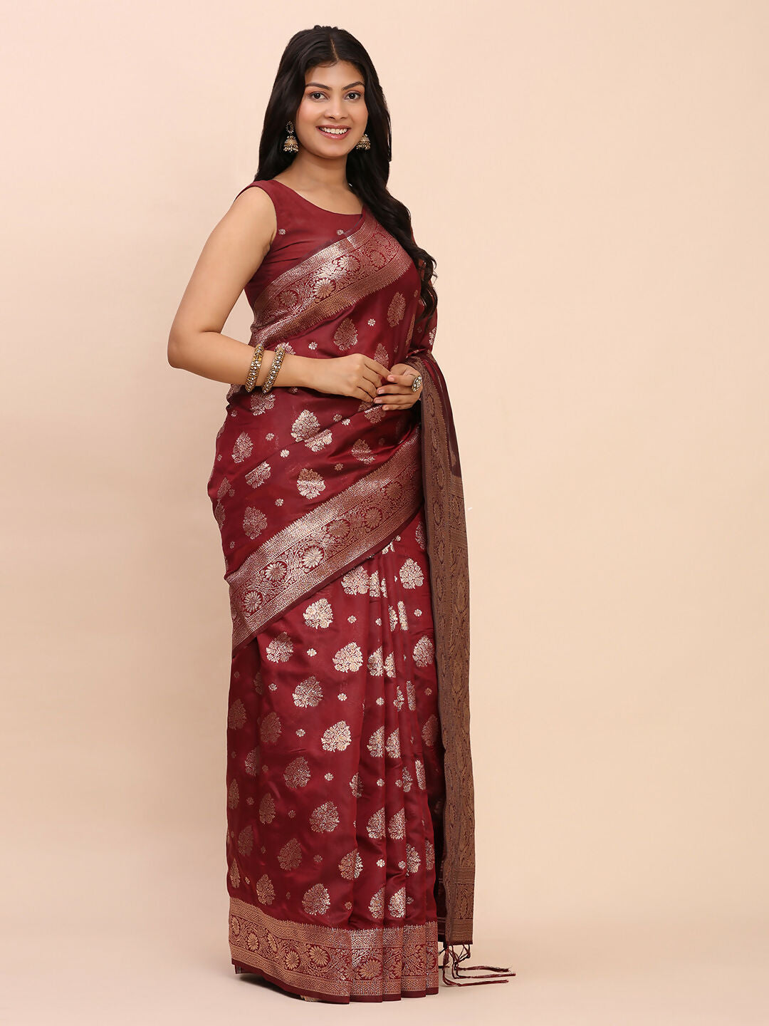 Maroon Banarasi Silk Saree with Matching Blouse Piece