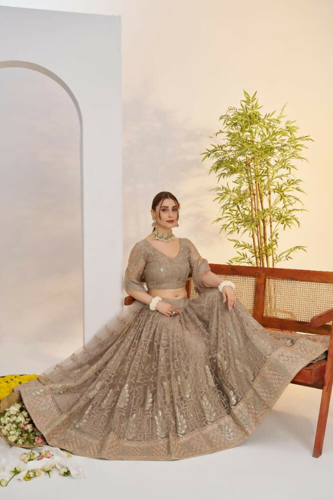 Metallic Gray Butterfly Net Lehenga with Sequence Embroidery