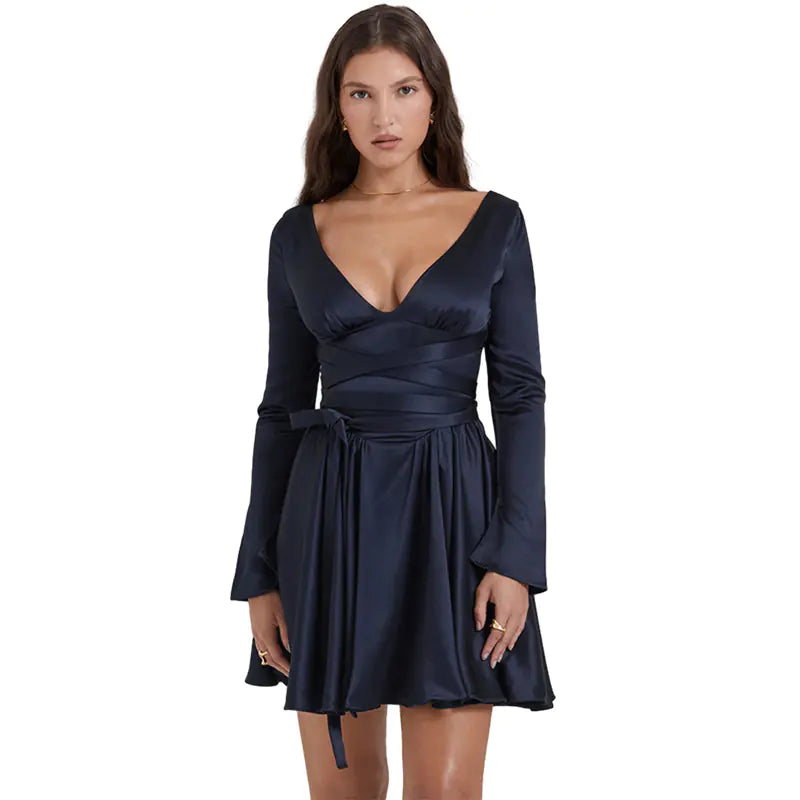 Fashionable V-Neck Backless Dress with Waist Tie