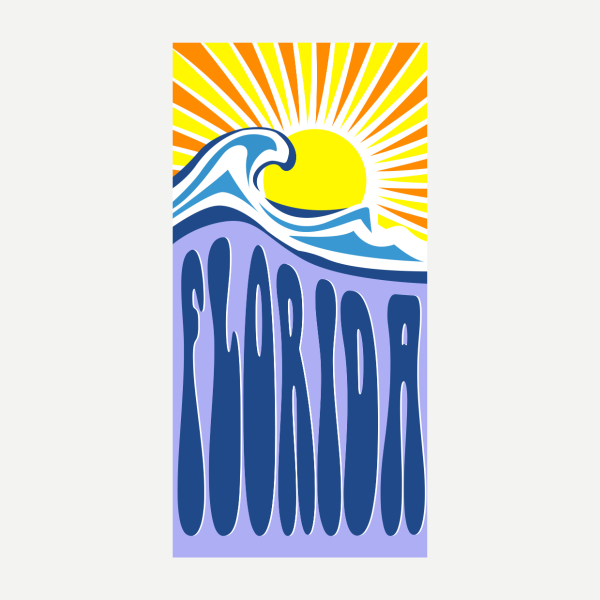 Rectangular beach towel featuring a stylized sun, ocean wave, and the word FLORIDA in blue font against a light purple background.