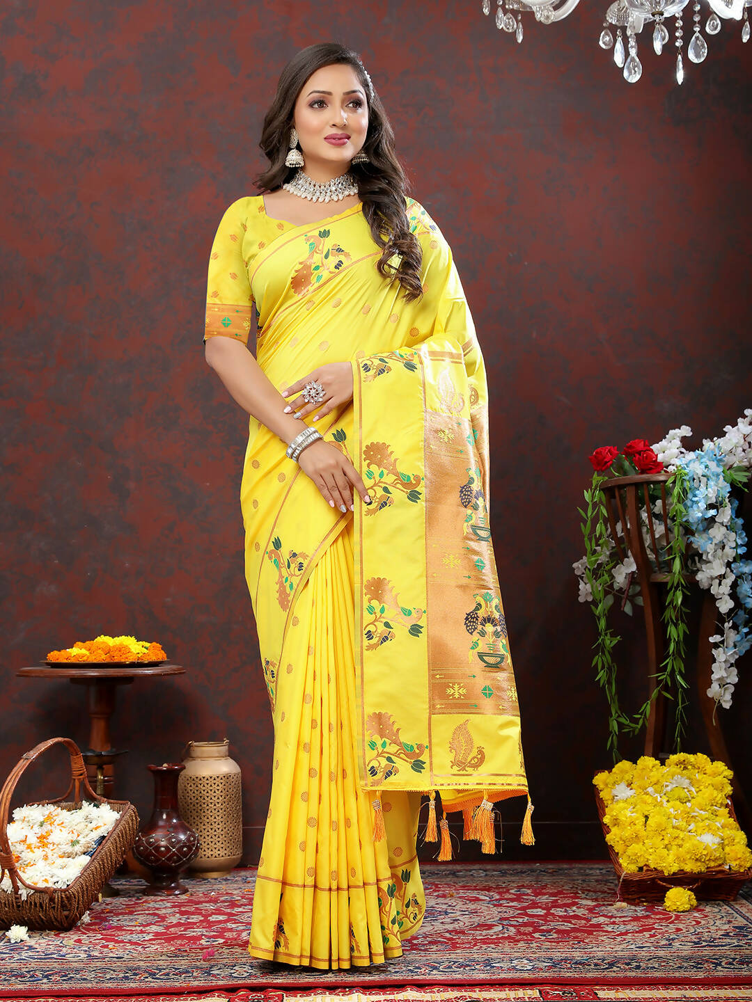 Lorenvalley Fashion Yellow Soft Paithani Silk Woven Design Copper Zari Meenakari Weaving Saree