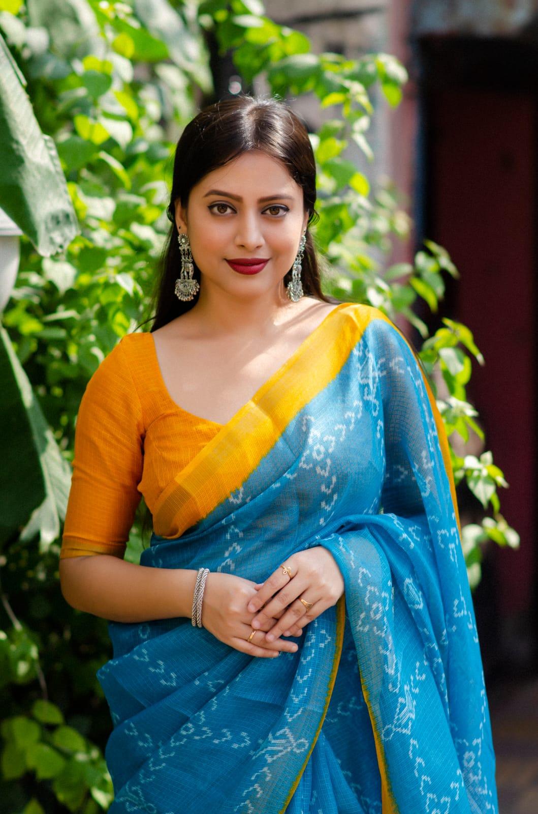 Rama Polycotton Saree with Ethnic Motifs and Unstitched Blouse