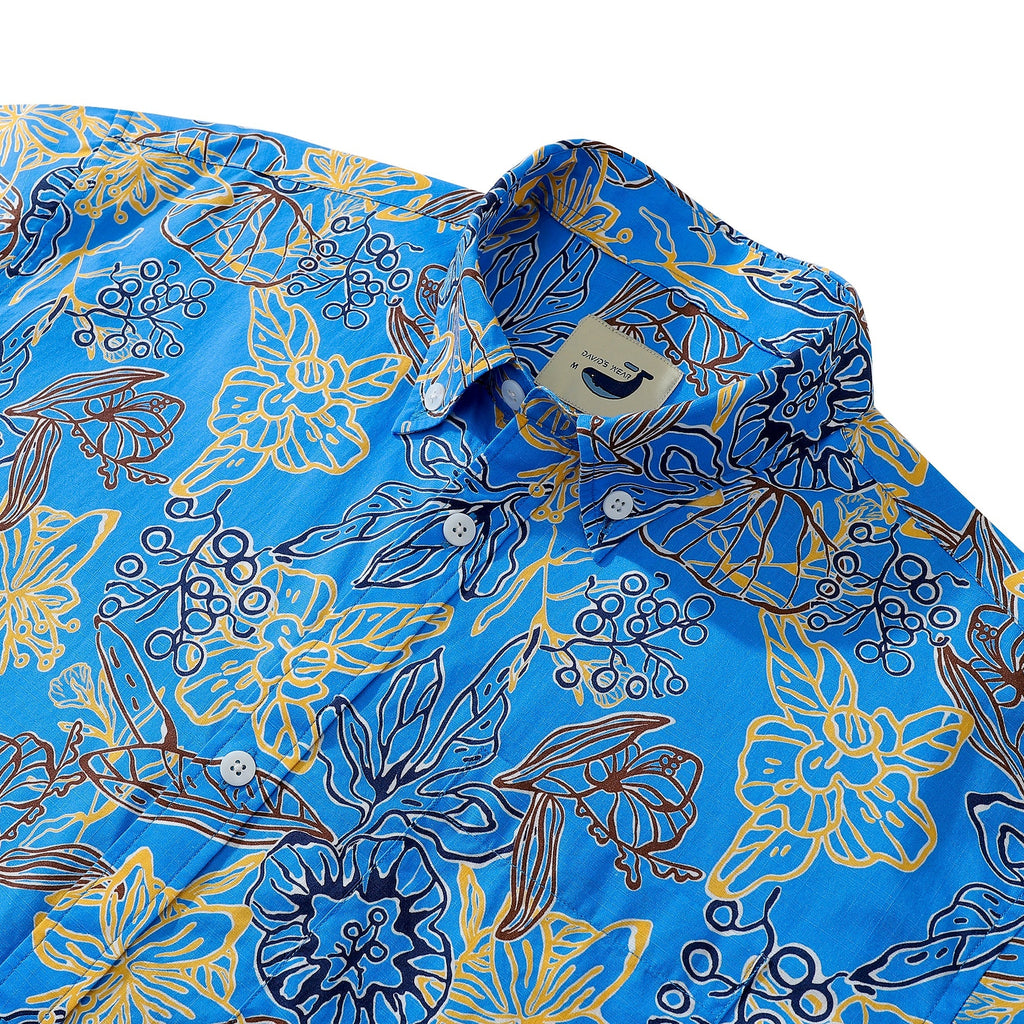 Blue Botanical Paper-cut Art Aloha Shirt Hidden Pocket