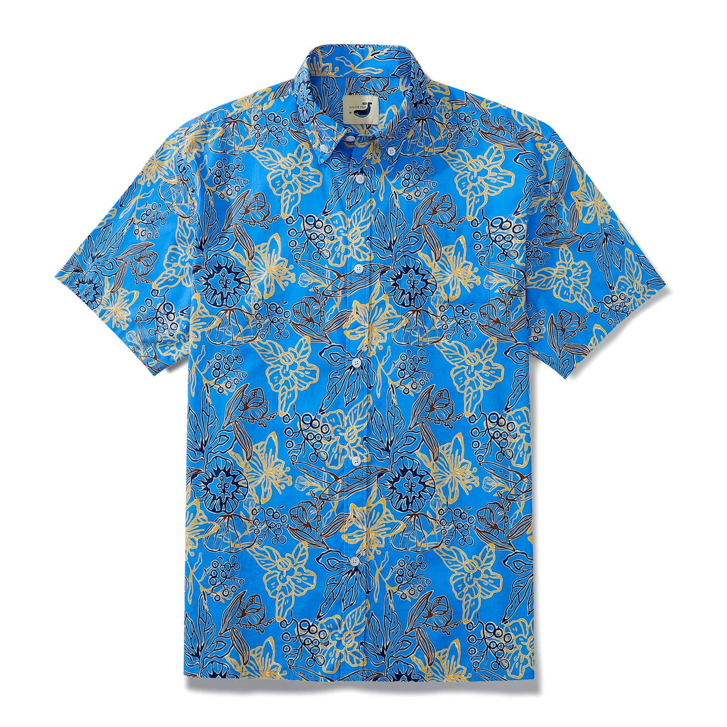 Dark navy Aloha shirt with paper-cut floral and butterfly print and hidden pocket