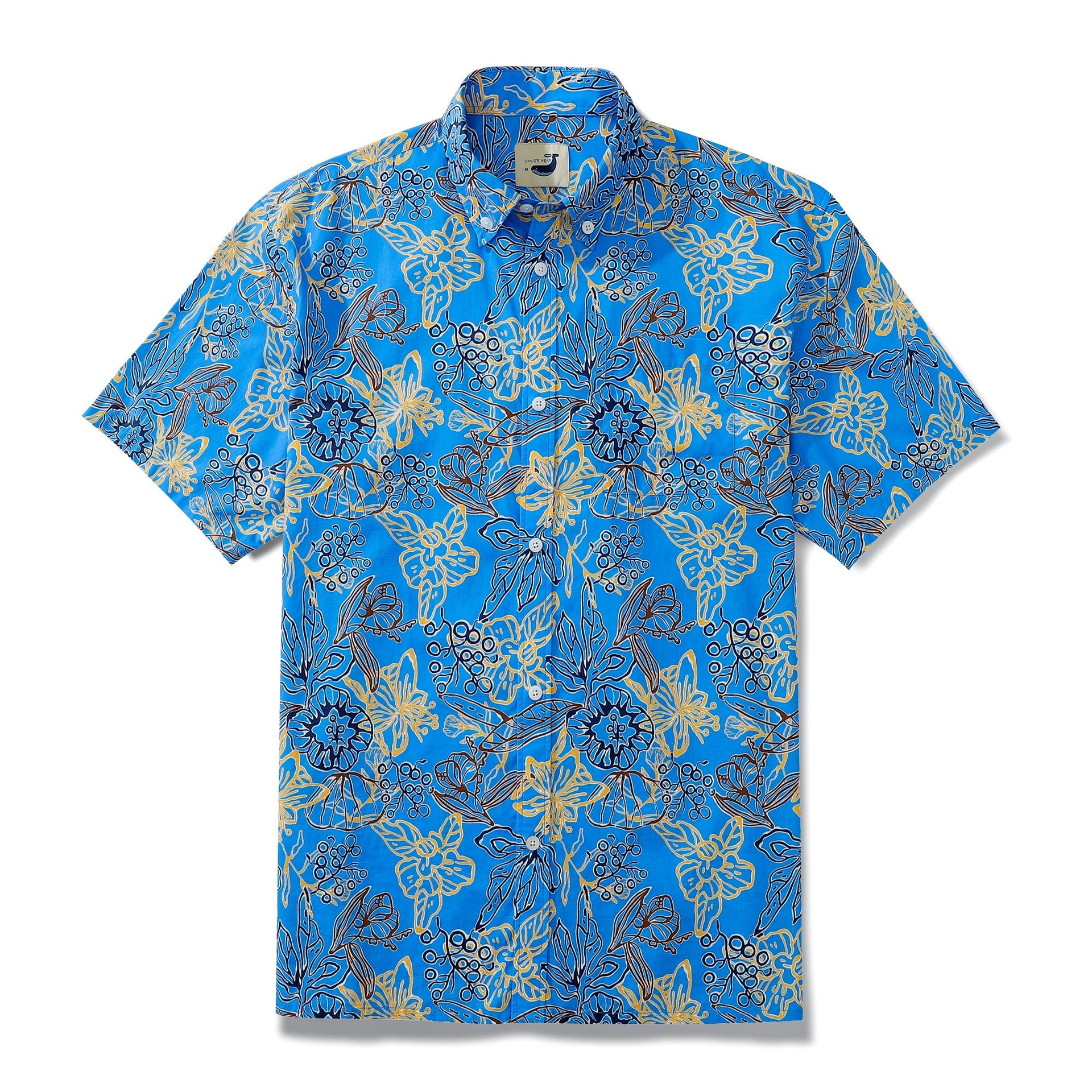 Dark navy Aloha shirt with paper-cut floral and butterfly print and hidden pocket