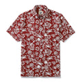 Deep red vintage tropical print button-down shirt in 100% cotton