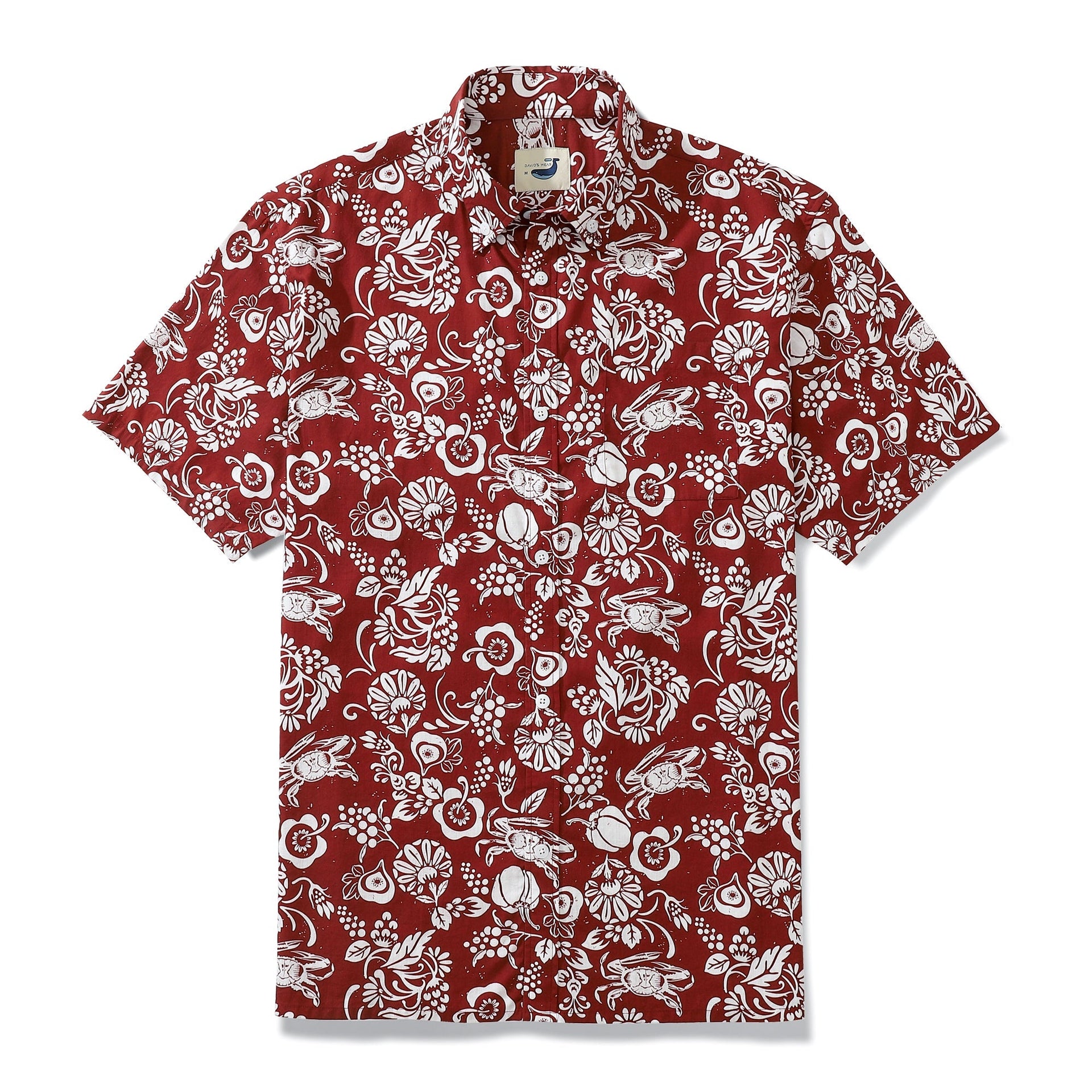 Deep red vintage tropical print button-down shirt in 100% cotton