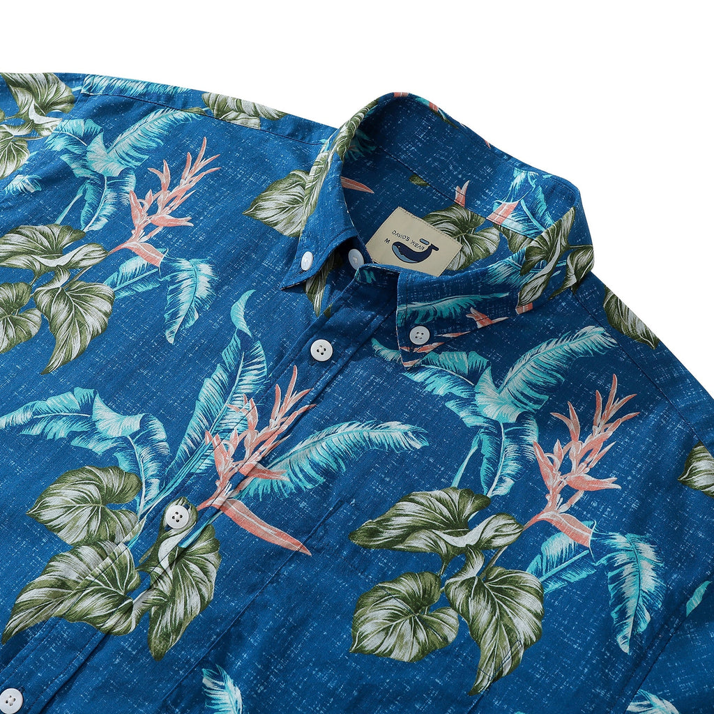 Dark Blue Banana Leaf Taro Print Cotton Button-Down Shirt