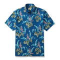 Men's dark blue button-down shirt with hand-painted tropical banana and taro leaf print