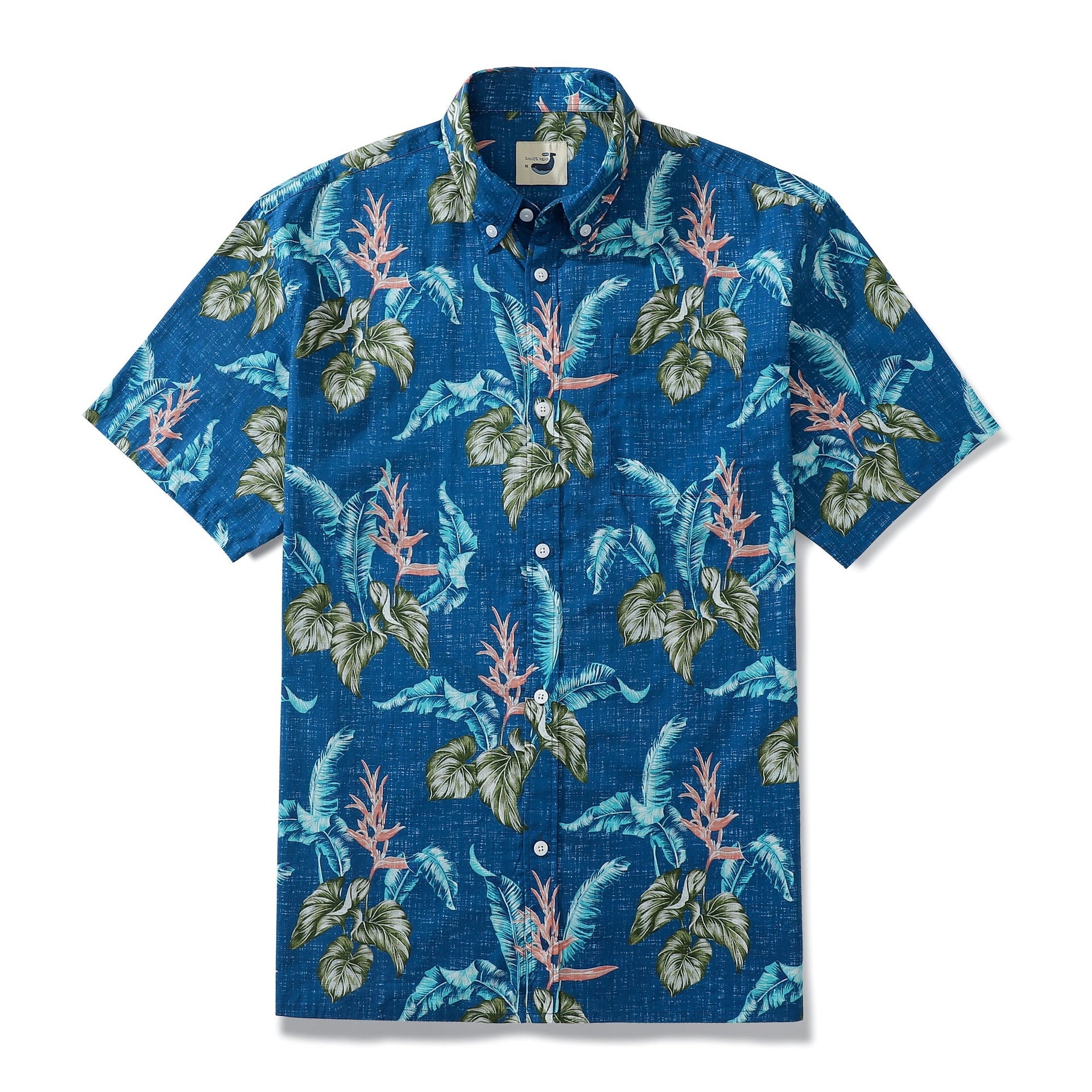 Men's dark blue button-down shirt with hand-painted tropical banana and taro leaf print
