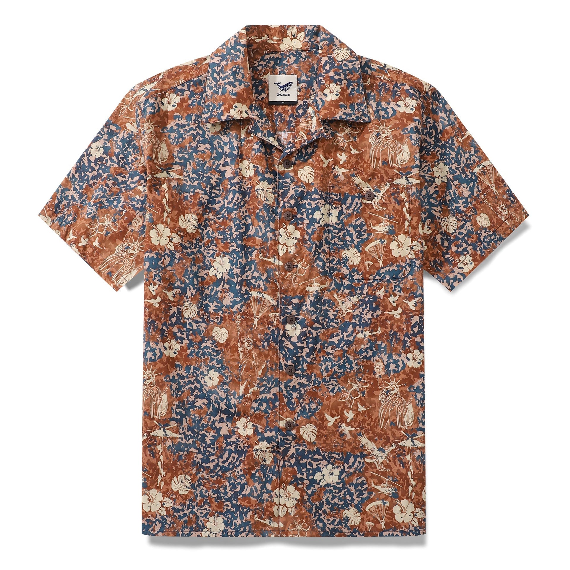 A brown, blue, and cream Independence Day themed Hawaiian shirt for men.