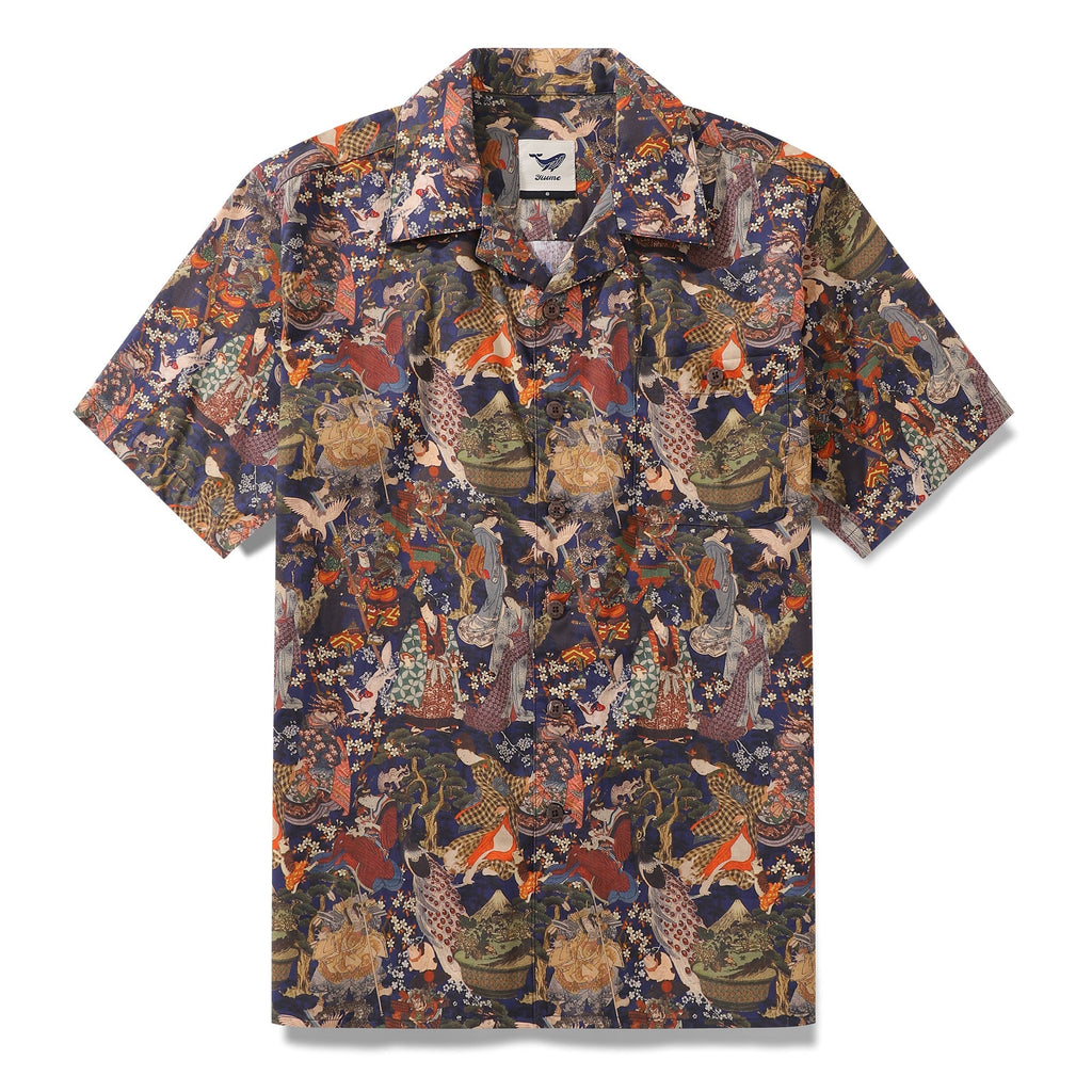 Vintage style navy Hawaiian shirt with Ukiyo-e Edo period artistic print and camp collar