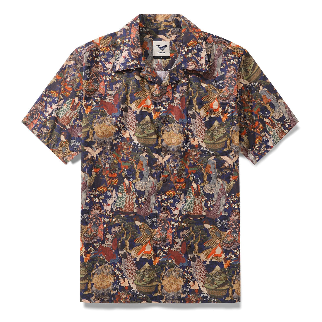 Vintage style navy Hawaiian shirt with Ukiyo-e Edo period artistic print and camp collar