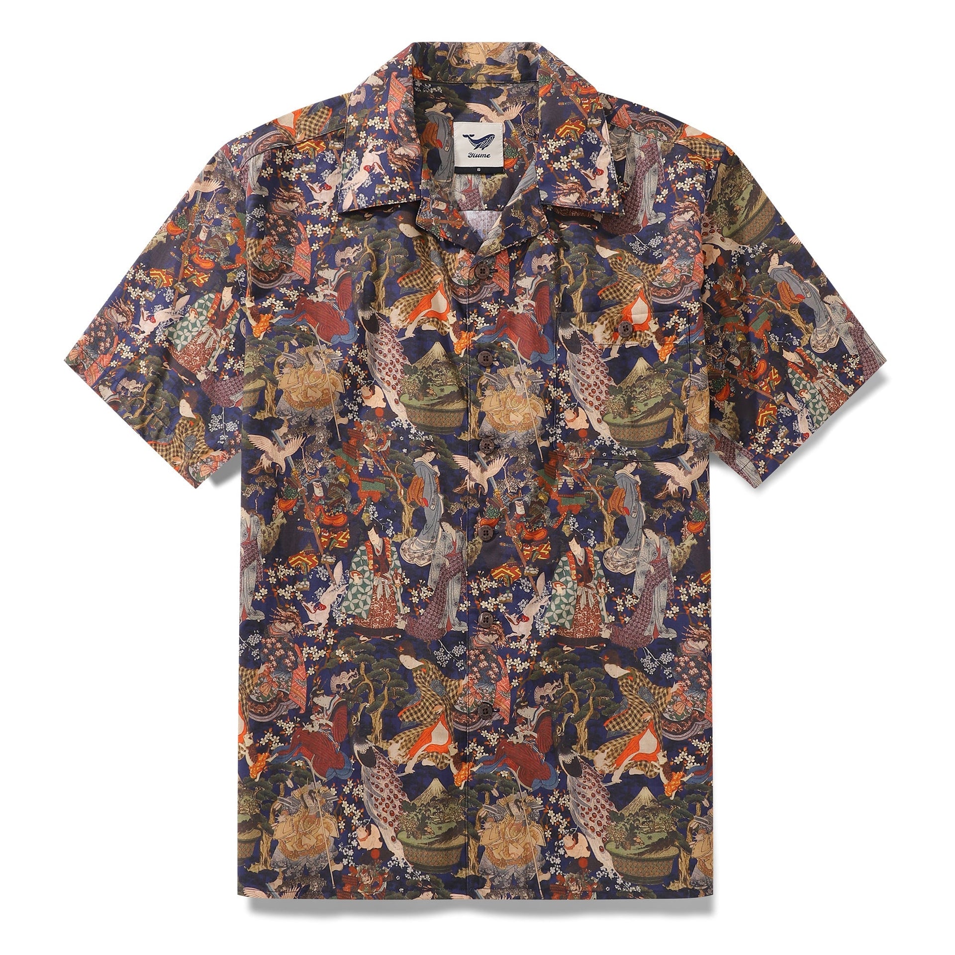 Vintage style navy Hawaiian shirt with Ukiyo-e Edo period artistic print and camp collar