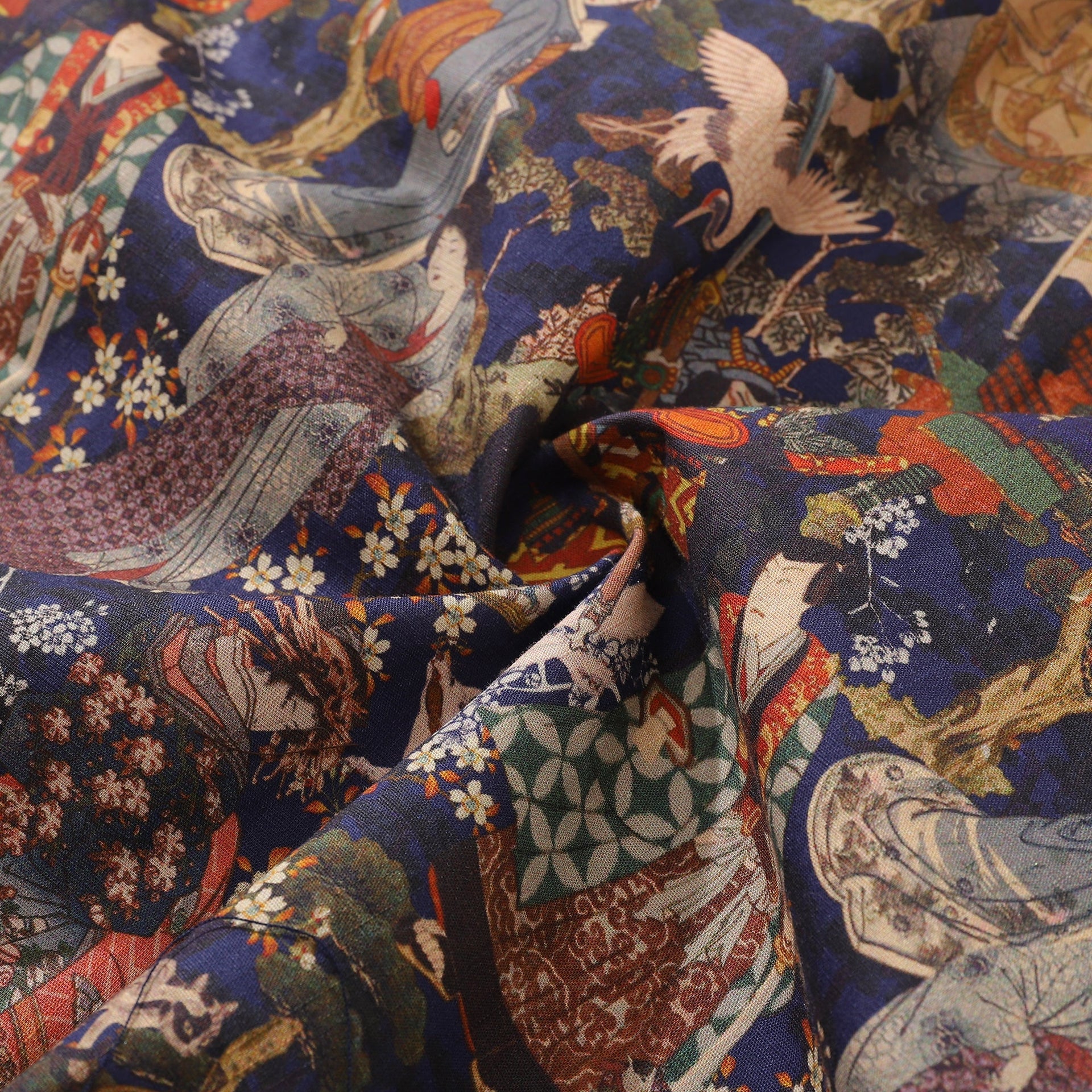 Vintage Ukiyo-e Edo Period Hawaiian Shirt in Navy Multi-Color