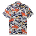 Men's casual white short-sleeve cotton Hawaiian shirt with navy blue waves and orange lobster graphic print.