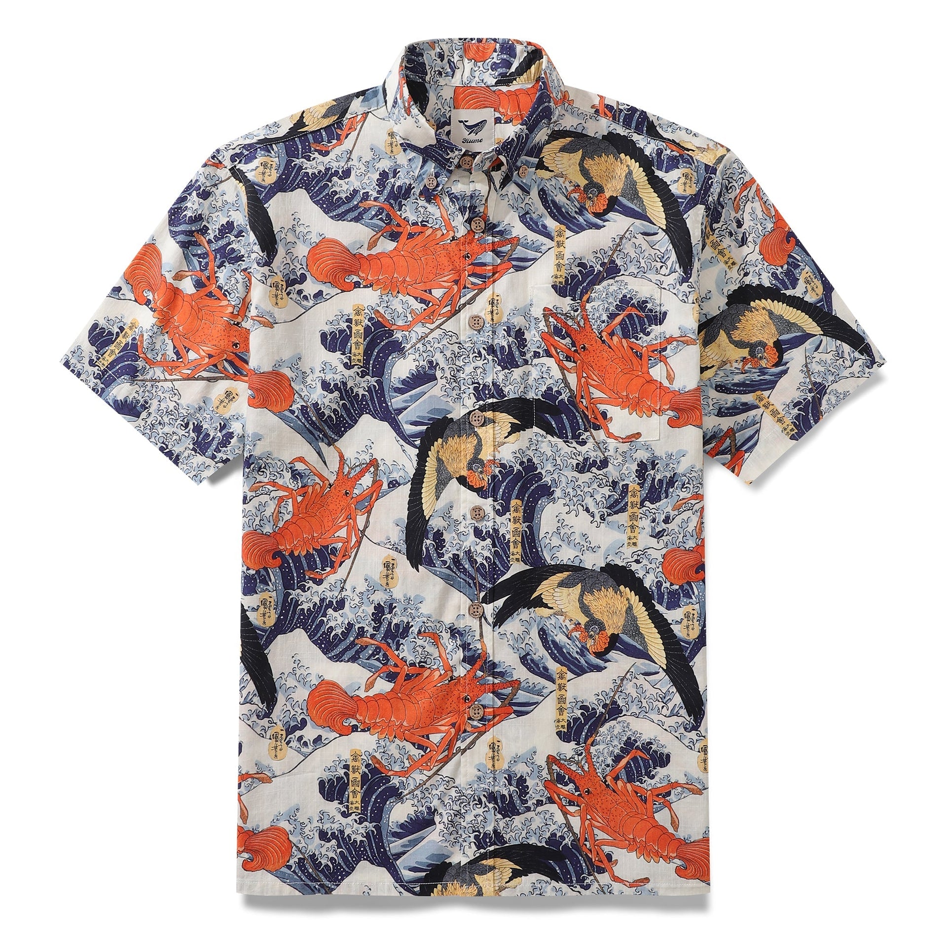 Men's casual white short-sleeve cotton Hawaiian shirt with navy blue waves and orange lobster graphic print.