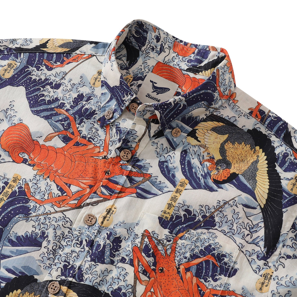 Men's Casual Hawaiian Shirt Ukiyo-e Lobster Print Cotton Aloha