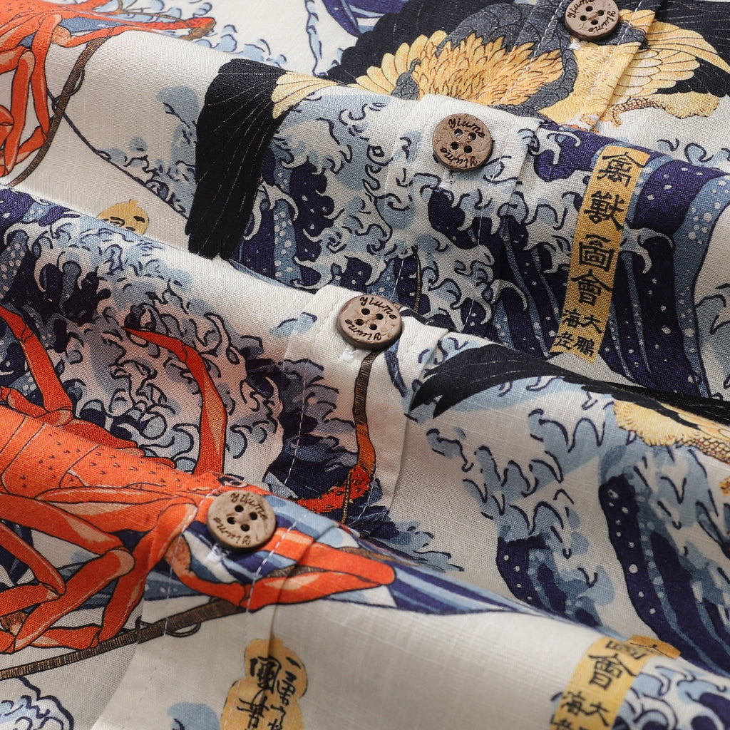 Men's Casual Hawaiian Shirt Ukiyo-e Lobster Print Cotton Aloha