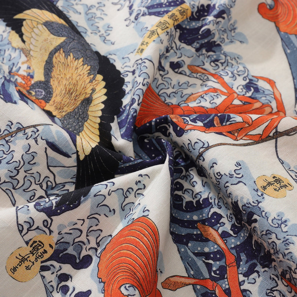 Men's Casual Hawaiian Shirt Ukiyo-e Lobster Print Cotton Aloha