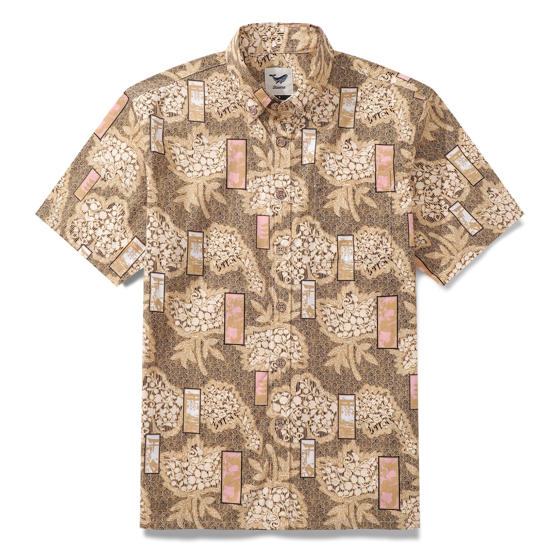 Men's cotton Aloha shirt featuring an eastern-inspired Good Fortune pattern.