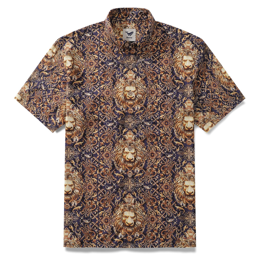 Men's navy and gold Leo animal print short-sleeve button-down shirt.