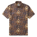 Men's navy and gold Leo animal print short-sleeve button-down shirt.