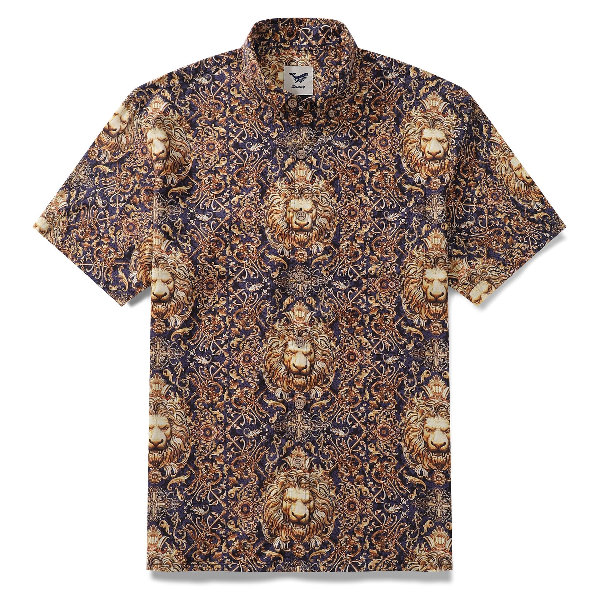 Men's navy and gold Leo animal print short-sleeve button-down shirt.