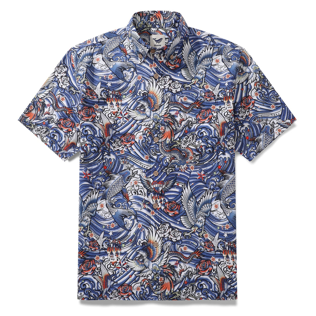 Men's short sleeve cotton aloha shirt featuring Zen waves and tattoo-inspired harmony print