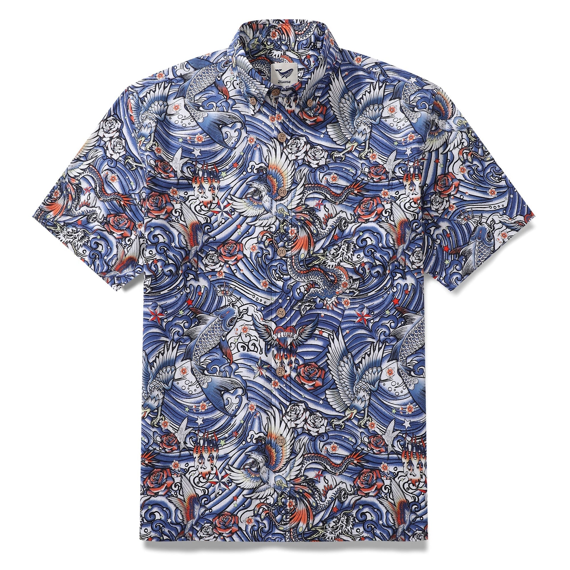 Men's short sleeve cotton aloha shirt featuring Zen waves and tattoo-inspired harmony print