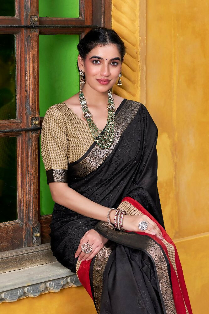 PR Fashion Black Poly Cotton Printed With Zari Weaving Work Saree