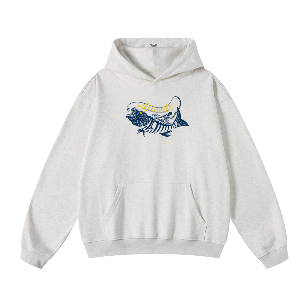 Men wearing a grey, navy blue, and yellow fishing print knit streetwear hoodie