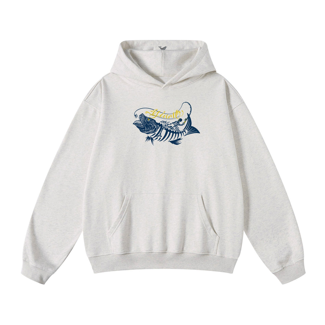 Men wearing a grey, navy blue, and yellow fishing print knit streetwear hoodie