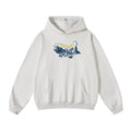 Men wearing a grey, navy blue, and yellow fishing print knit streetwear hoodie