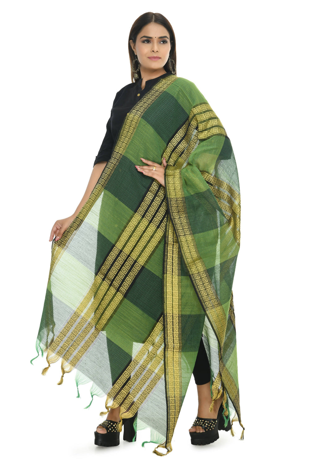 Green Tone Handloom Cotton Dupatta - Elegant Ethnic Scarf