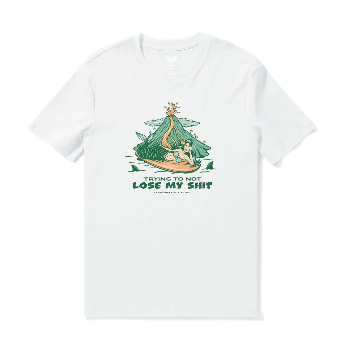 White crew neck cotton t-shirt featuring a mermaid graphic print on the front