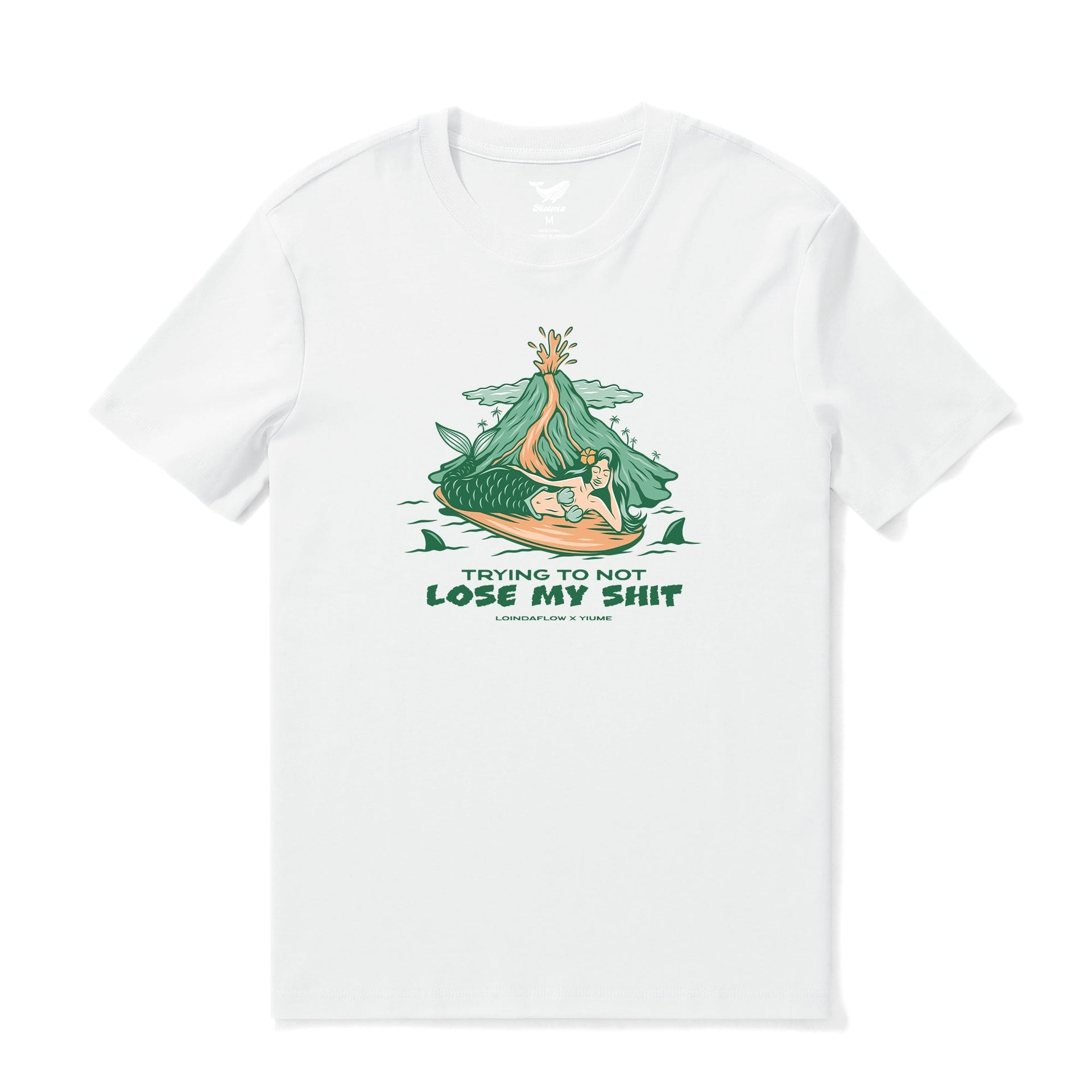 White crew neck cotton t-shirt featuring a mermaid graphic print on the front