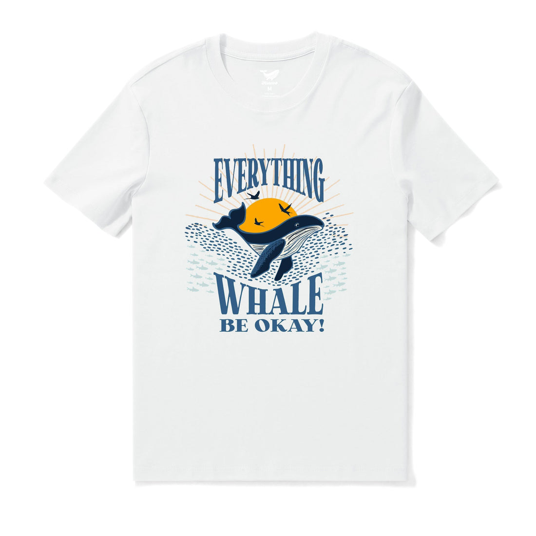 Men's crew neck graphic t-shirt featuring a colorful sunset whale scene and ocean motifs on 100% cotton fabric.