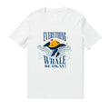 Men's crew neck graphic t-shirt featuring a colorful sunset whale scene and ocean motifs on 100% cotton fabric.
