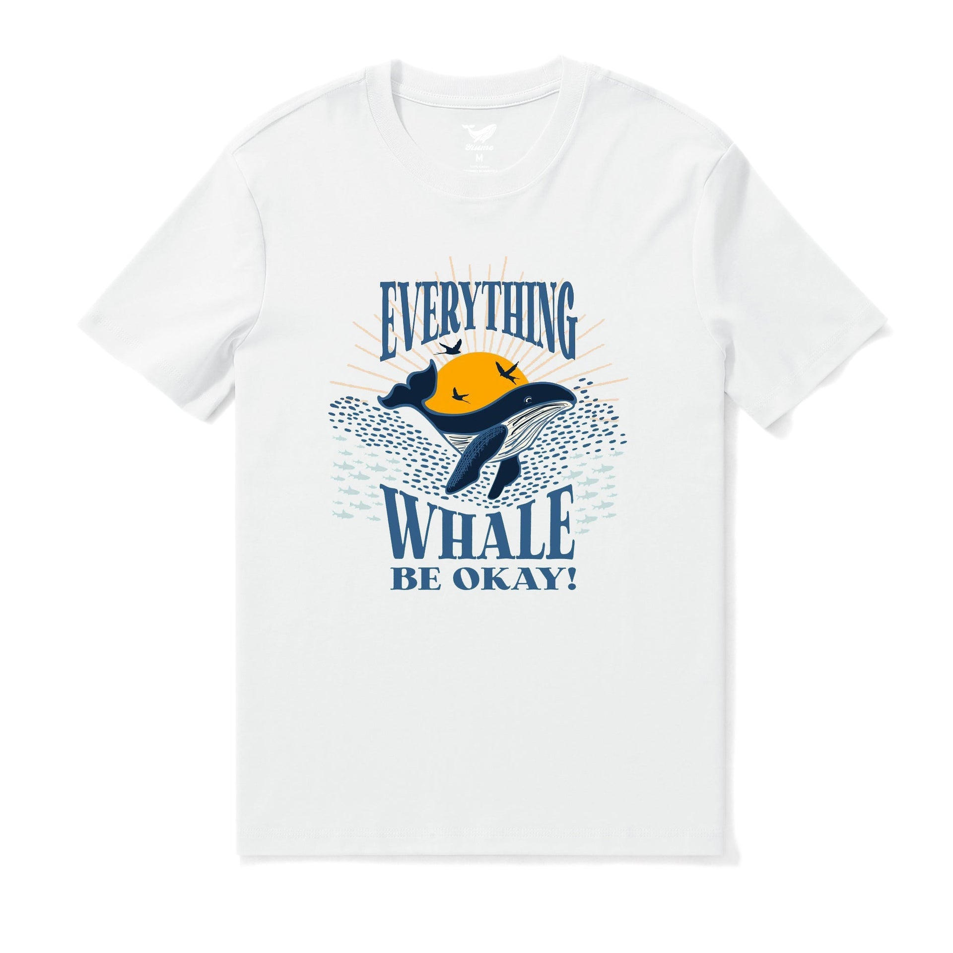 Men's crew neck graphic t-shirt featuring a colorful sunset whale scene and ocean motifs on 100% cotton fabric.