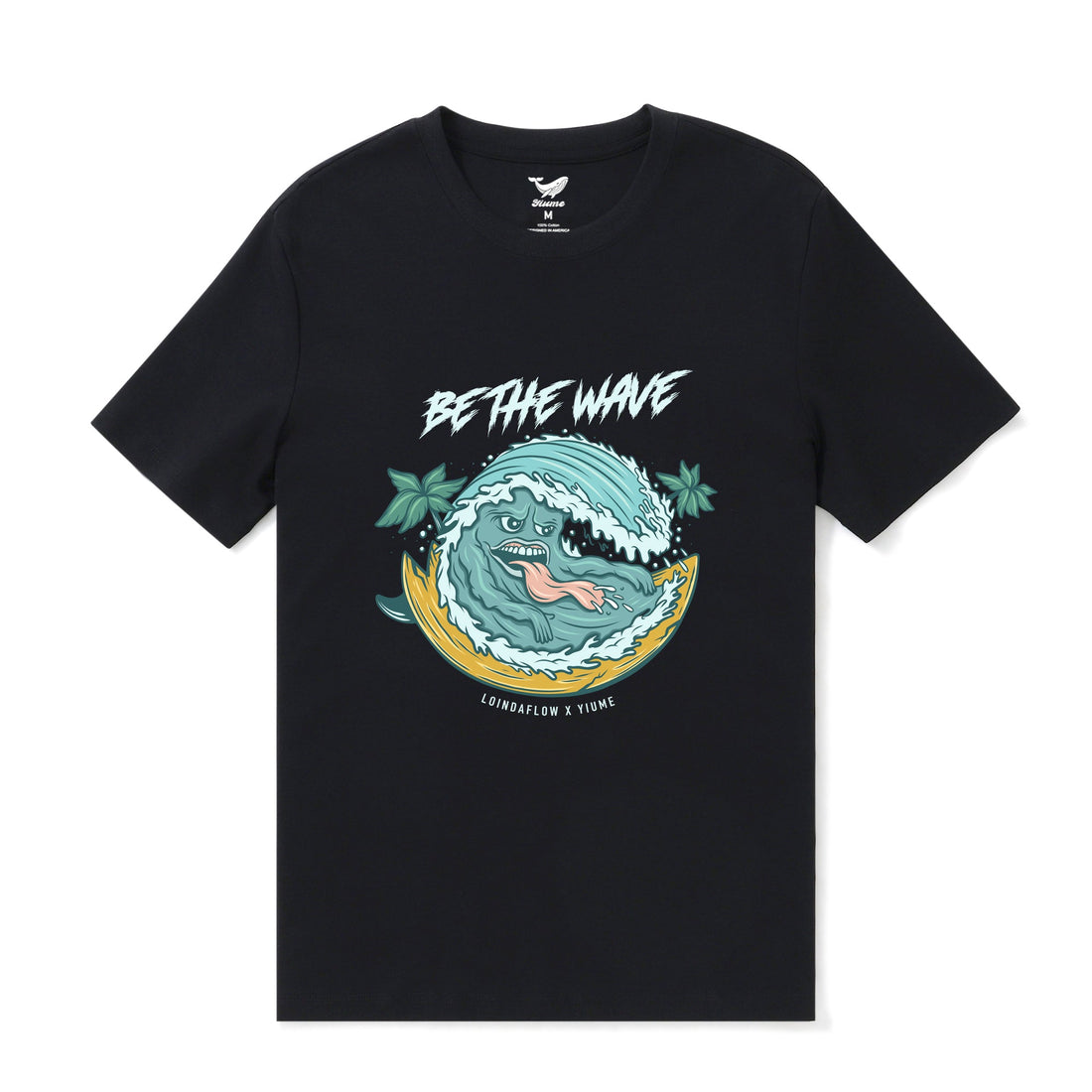 Men's Black crew neck t-shirt featuring Be The Wave surf-inspired graphic