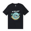 Men's Black crew neck t-shirt featuring Be The Wave surf-inspired graphic