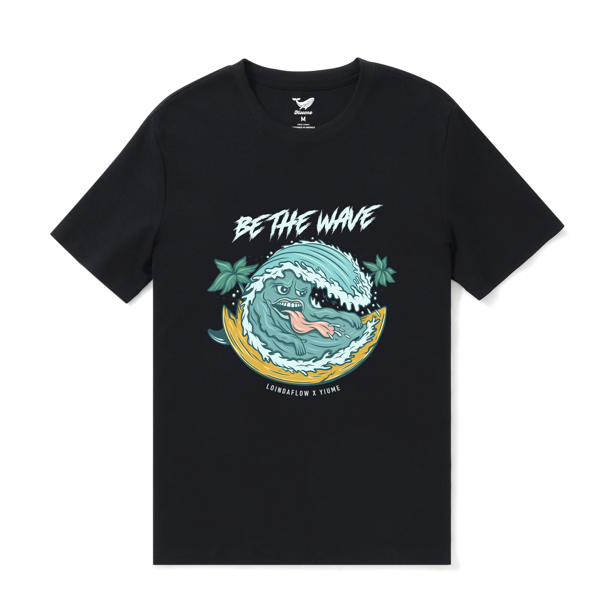 Men's Black crew neck t-shirt featuring Be The Wave surf-inspired graphic