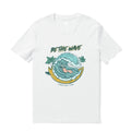 White crew neck t-shirt featuring Be The Wave graphic print.